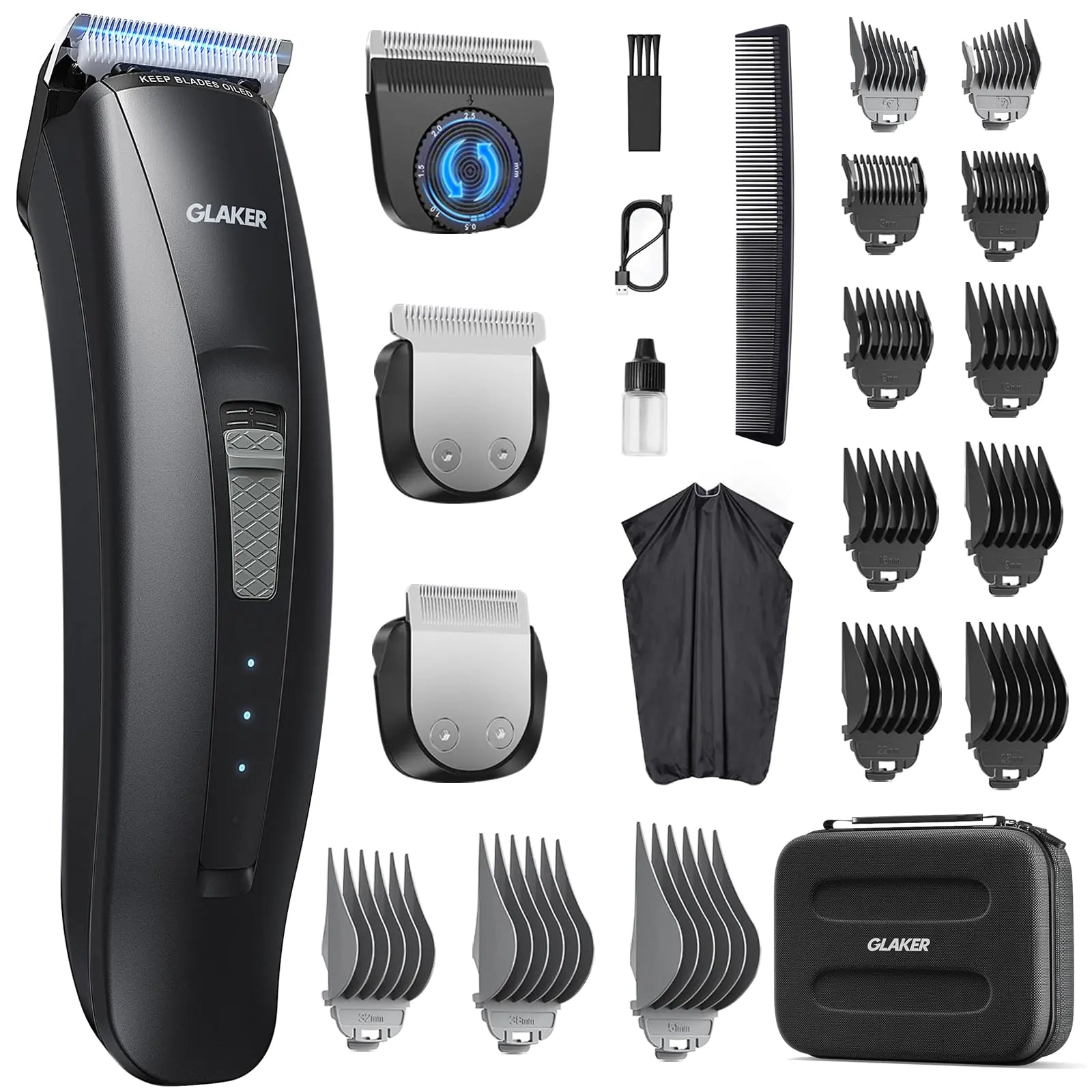 GLAKER Hair Clippers for Men - Cordless 3 in 1 Versatile Hair Clipper with Extra Long Guards Detachable Blade & Storage Bag Complete Mens Grooming Kits for Blending & Fade Cuts